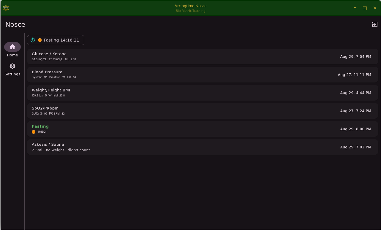 The Nosce home dashboard showing recent readings for each tracked metric